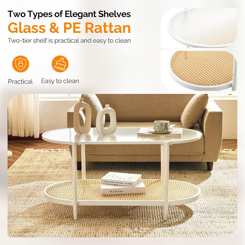 VINGLI 38" Oval Glass Coffee Table, Rattan Coffee Table, White