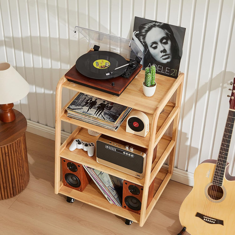 Solid Wood AV Media Stand, 4-Tier Audio Rack with Lockable Casters