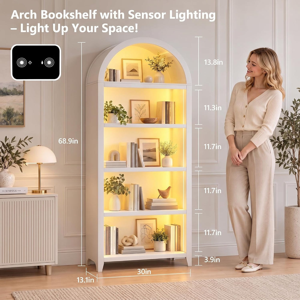 5-Tiber Arched Bookcase with 3-Color Lights & Motion Sensor, White
