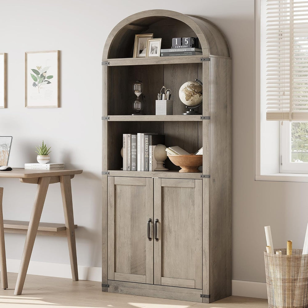 GarveeHome Bookcase with Doors Arched Bookshelf 71.65 in Tall Bookcase Farmho...