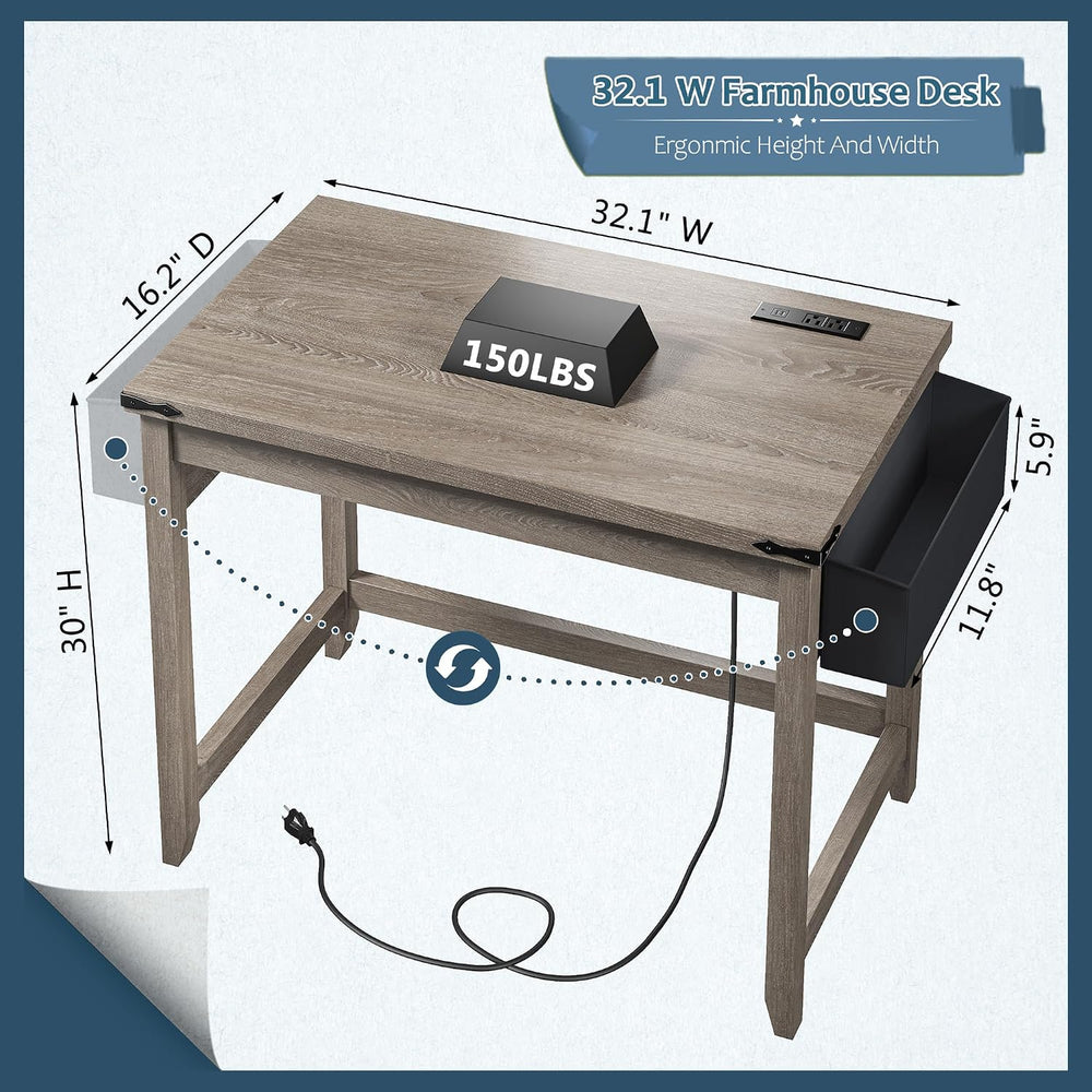 EnHomee 32"Farmhouse Writing Desk with Power Outlet,Storage Bag for Bedroom
