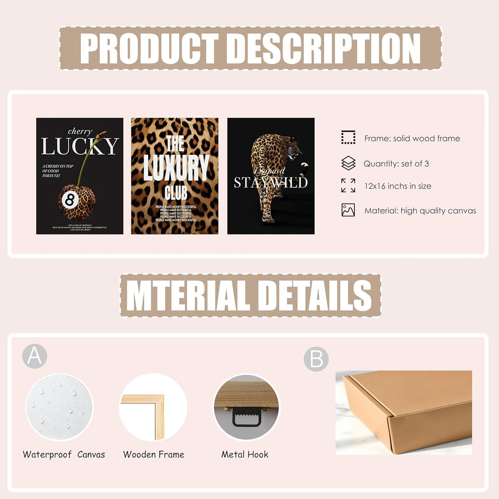 Fashion Leopard Wall Art Set of 3, Trendy Animal Print Canvas Wild Cheetah In...