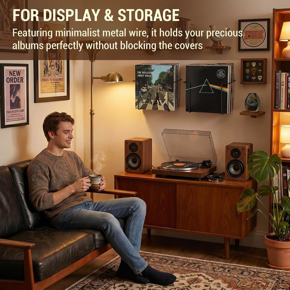 MyGift 2 Pack Vinyl Record Wall Mount Holder Black Metal Display Shelf