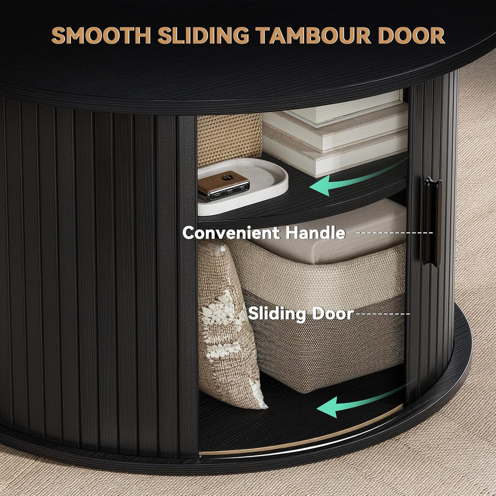 FABATO Round Lift Top Coffee Table Fluted Drum Table Sliding Door, Black