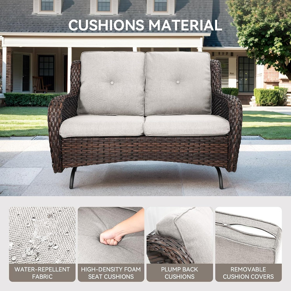 Patio Loveseat Wicker Loveseat Rattan Glider Sofa with Curved Armrest Thickin...