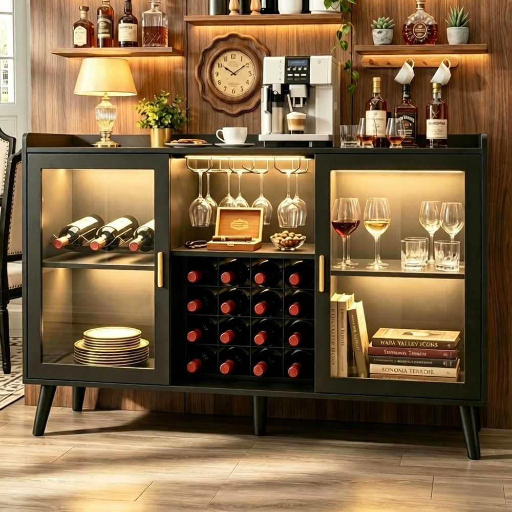 Gyfimoie Coffee Bar Cabinet with LED Light and Wine Rack