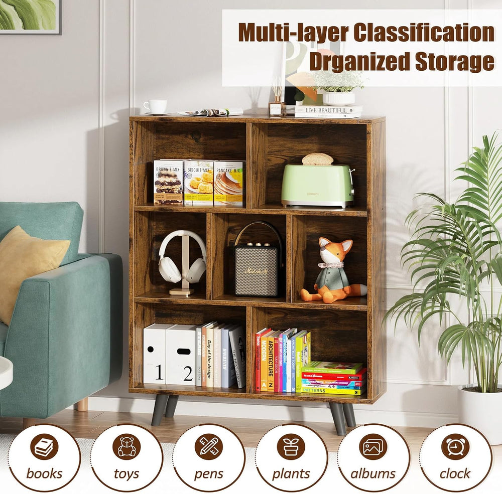 Vongrasig 7 Cube Bookshelf, 3 Tier Mid-Century Modern Bookcase with Legs, Woo...
