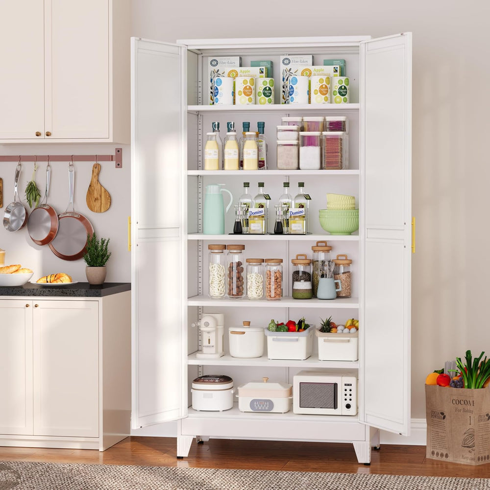Metal Pantry Cabinet with 2 Doors and 5 Adjustable Shelves, 75"Kitchen S...