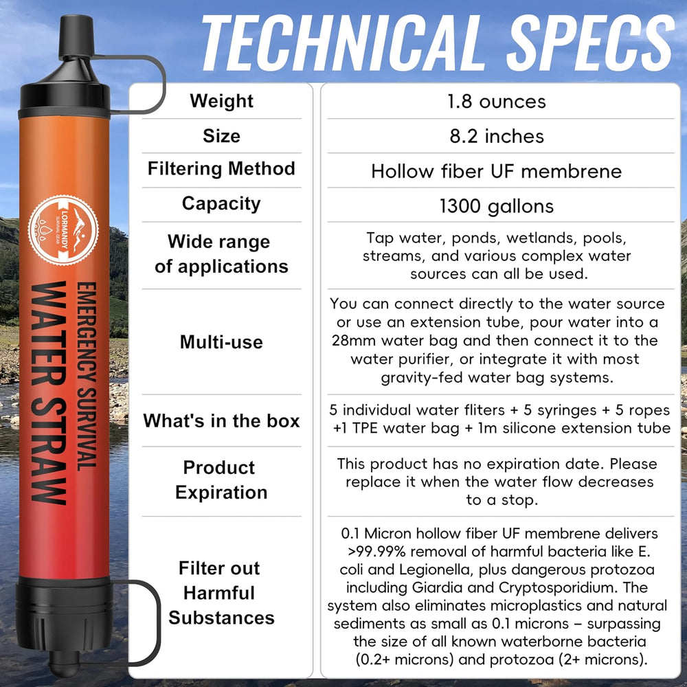 Straw Water Filter 5 Pack - Outdoor Camping & Hiking Survival Gear
