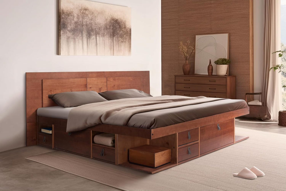 memomad Bali Slim Set: Bed + Flat Headboard, King Size, Caramel Brown