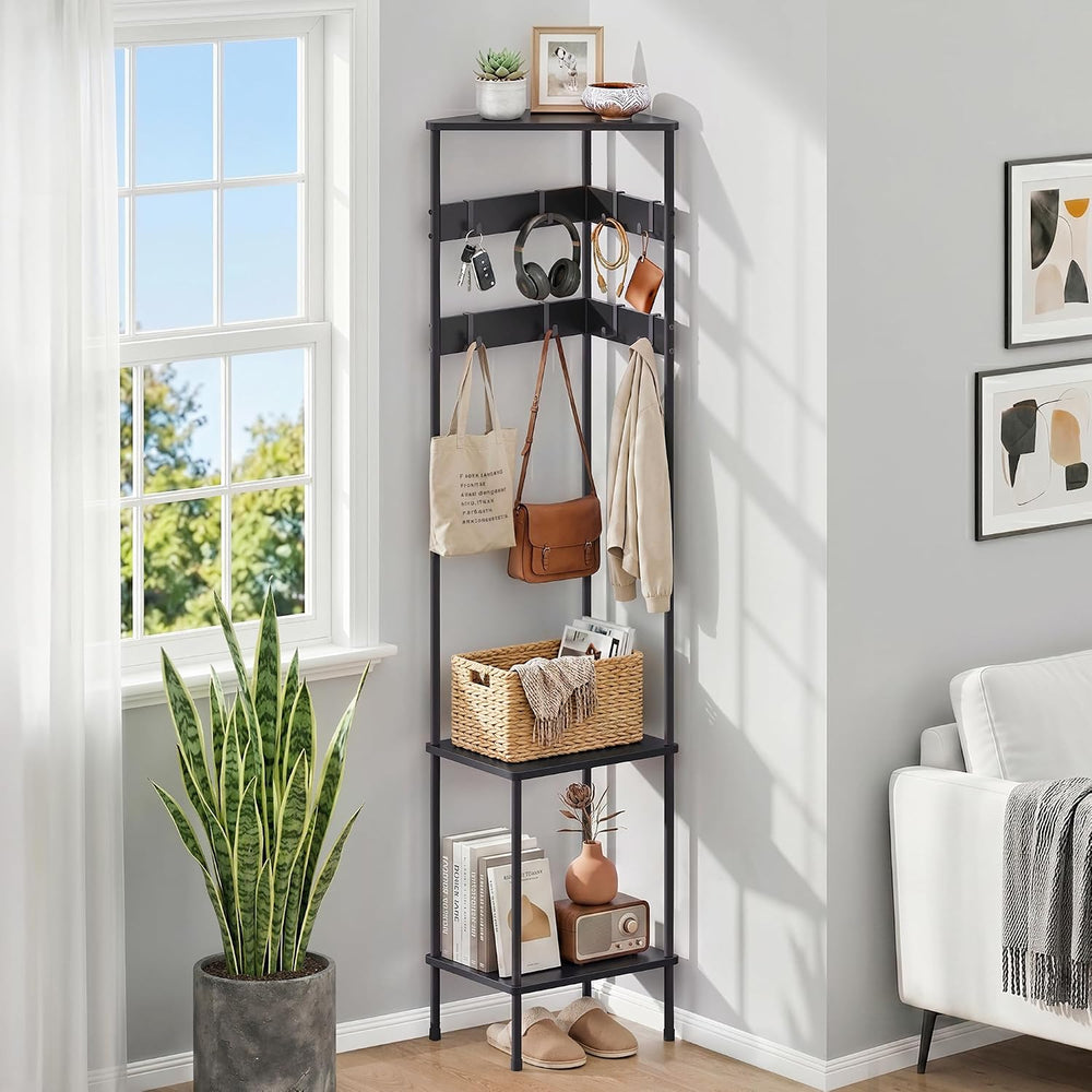 Corner Coat Rack Freestanding with Shelves and 8 Hooks, Black