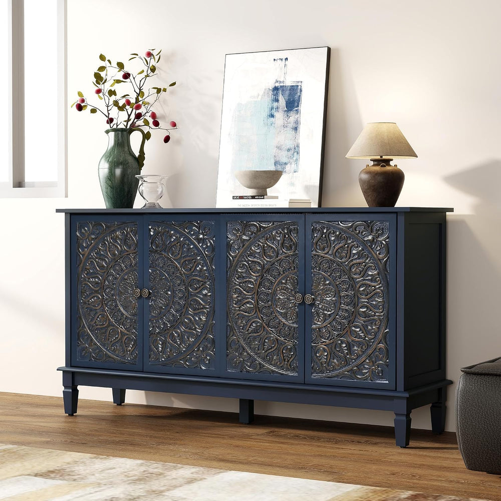 59" Solid Wood Buffet Cabinet, Accent Cabinet, 4 Carved Doors