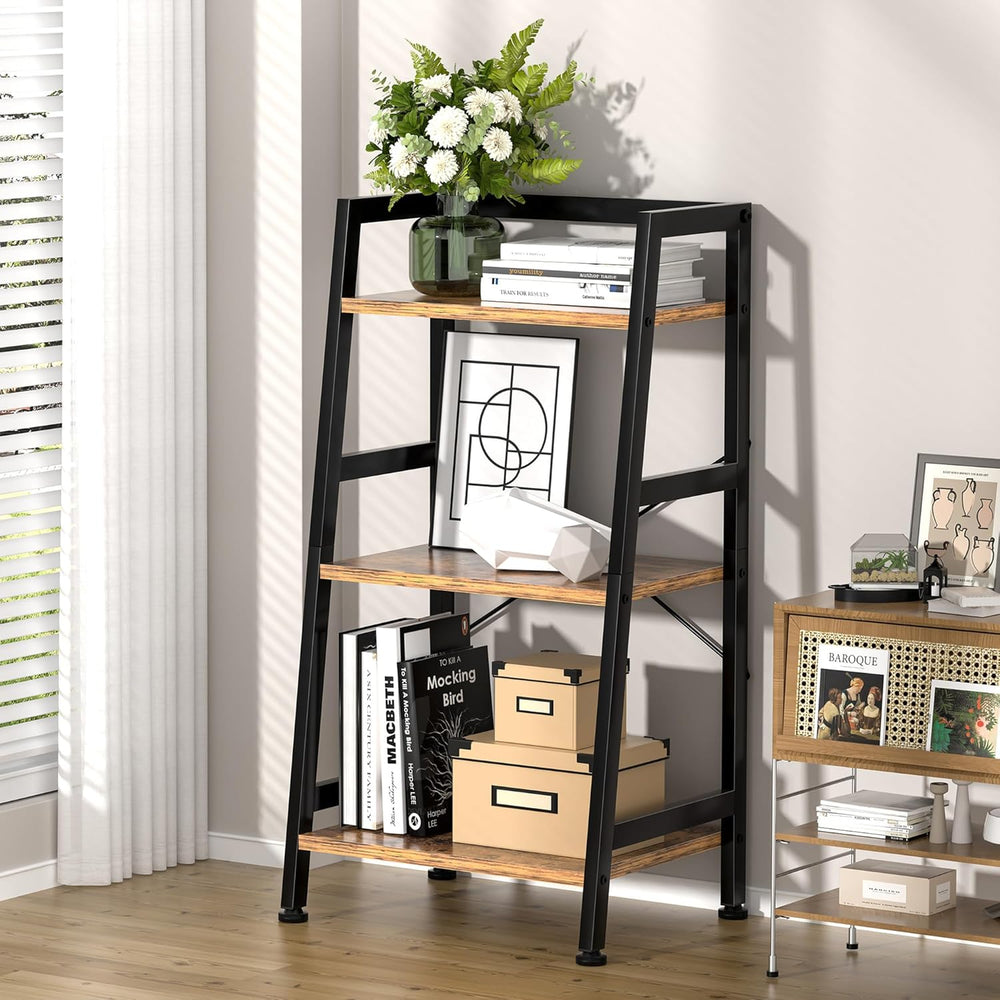 3-Tier Bookshelf, Ladder Shelf, Industrial Bookcase with Steel Frame, Metal S...