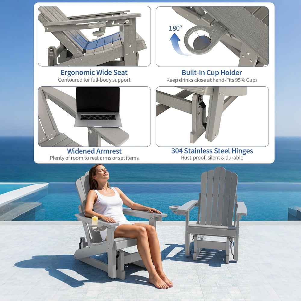HDPE Adirondack Glider Chair,3-Position Adjustable Backrest Patio Glider