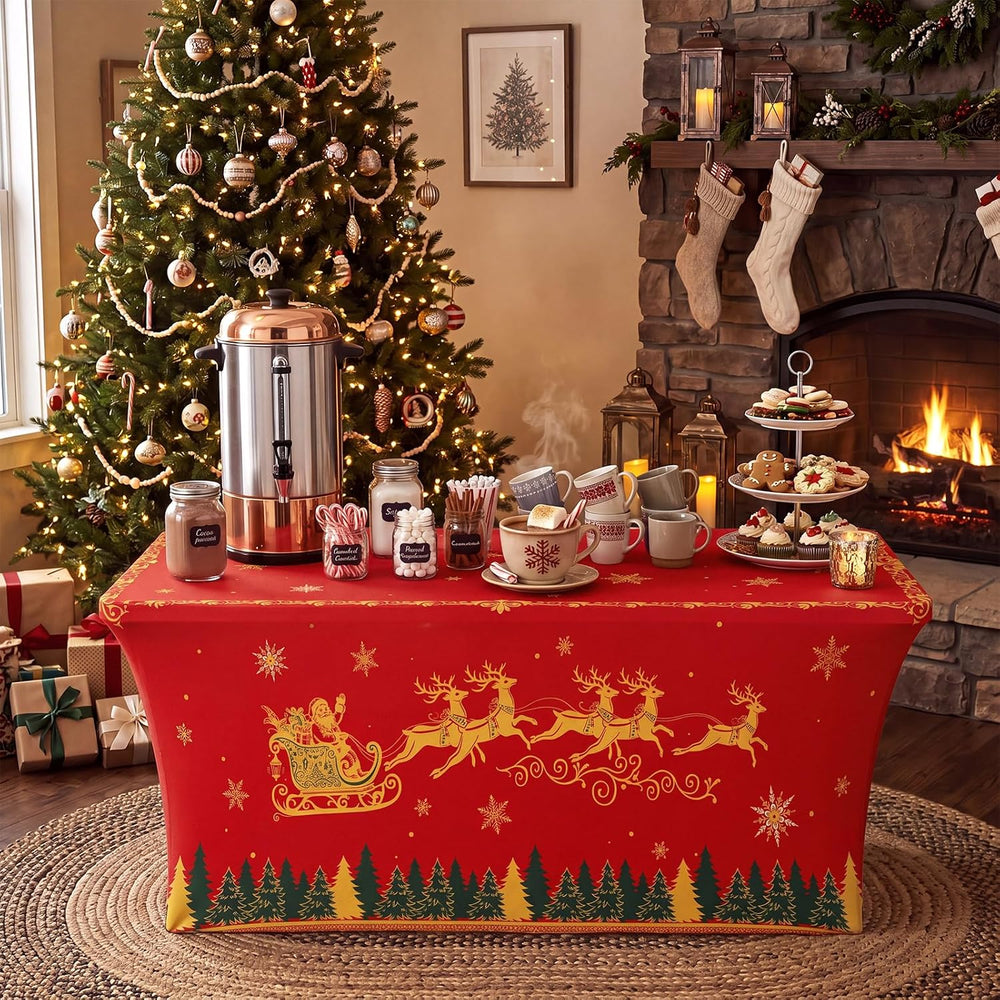 Haull 2 Pcs Santa's Sleigh Spandex Tablecloth 6ft Stretch Christmas