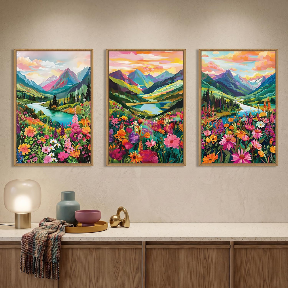 Colorful Mountain Floral Framed Canvas Wall Art Set-16"x24"x3