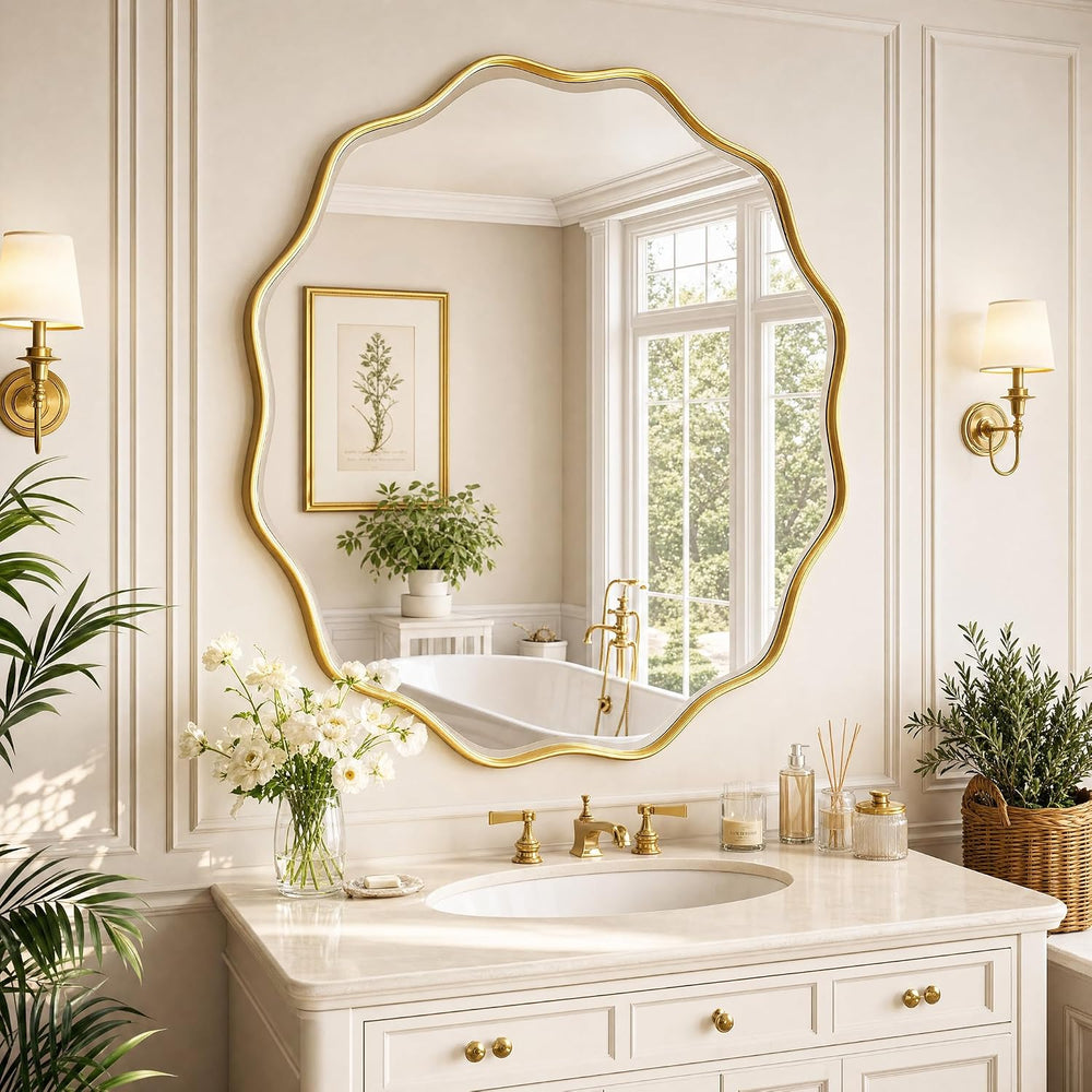 Gold Scalloped Circle Mirror, 30" Wavy Edge Round Wall Mirror