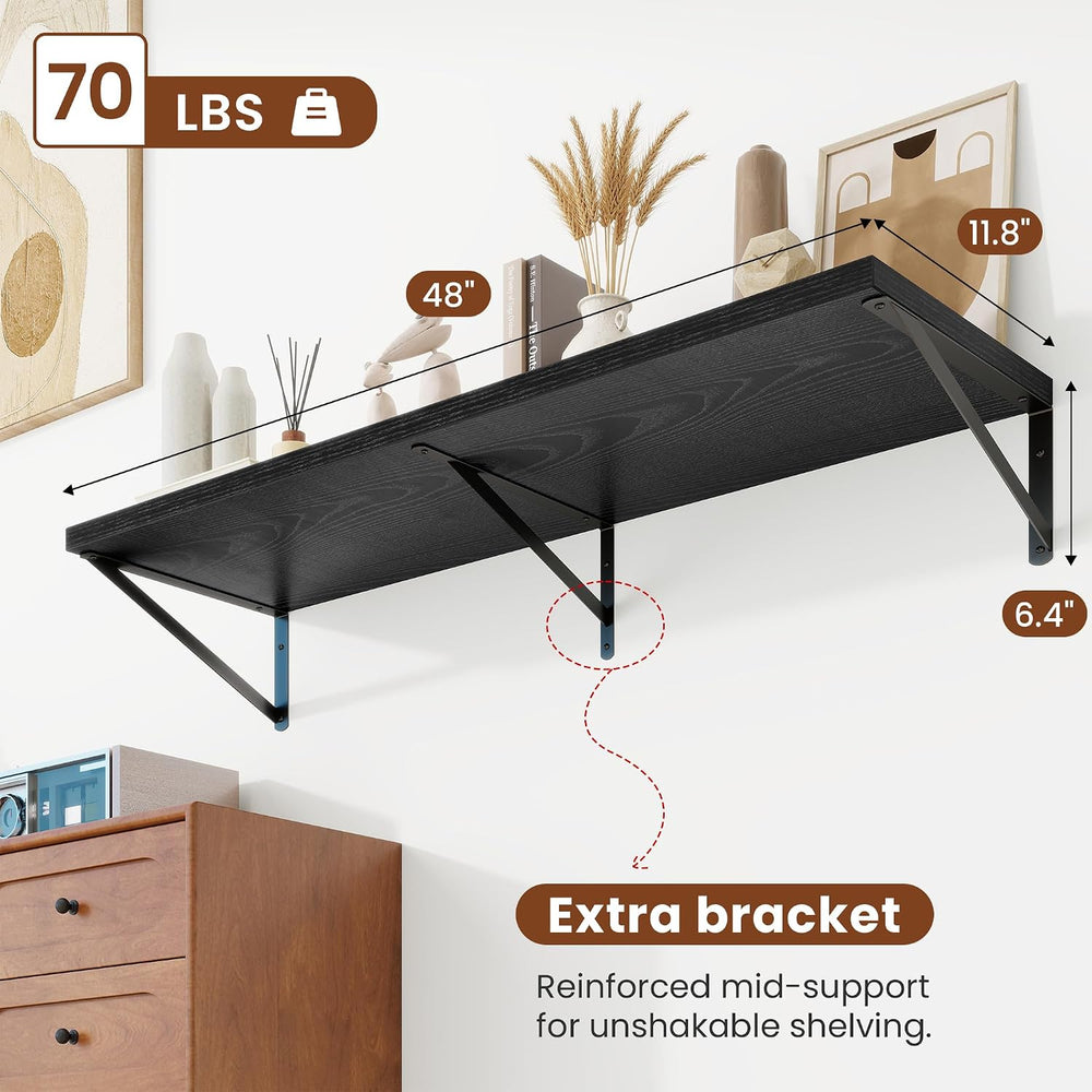 12" Deep Wall Shelves with Metal Brackets, 48" Wide, Black Finish, ...