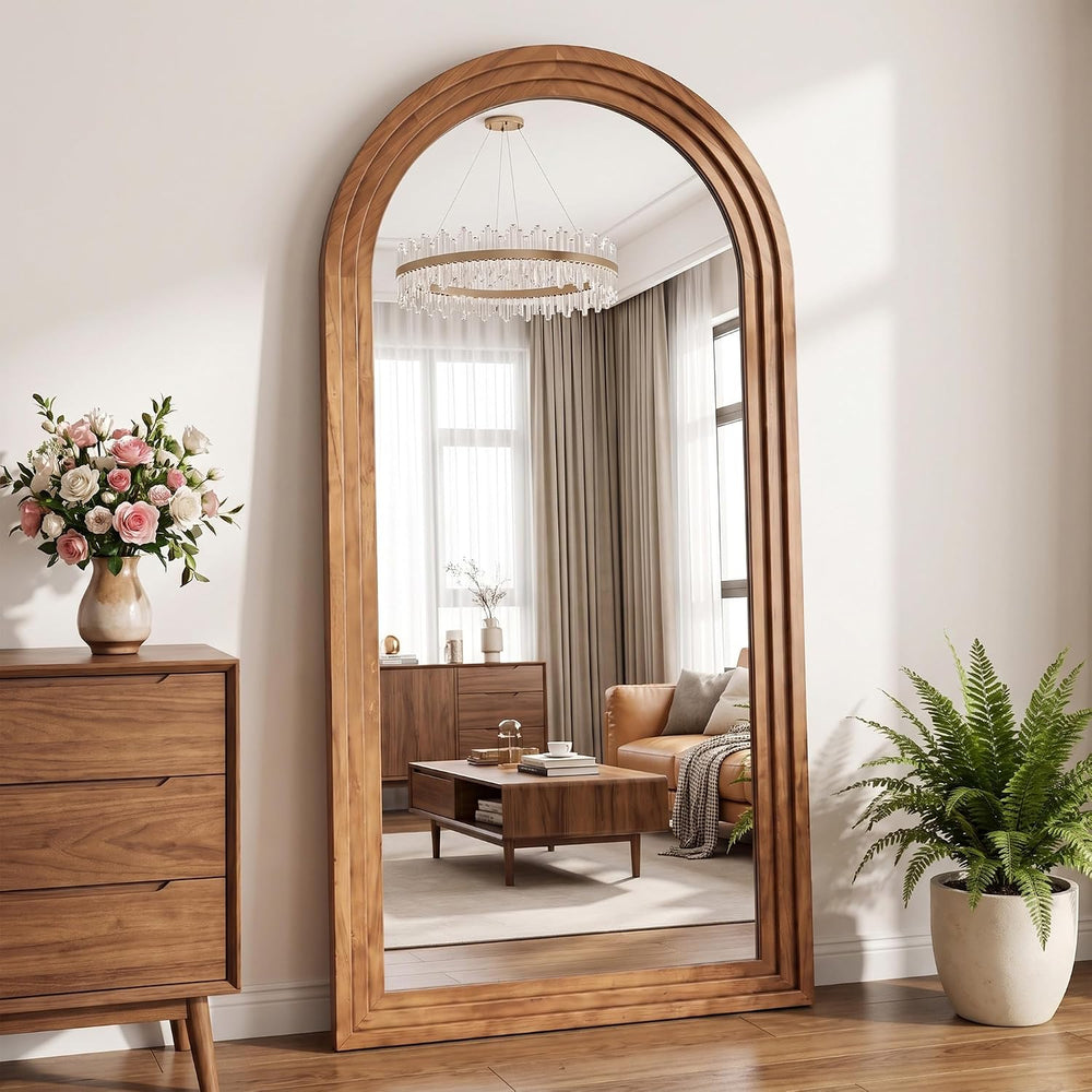 76"x34" Arched Full Length Mirror, Large Wood Floor Mirror, Brown