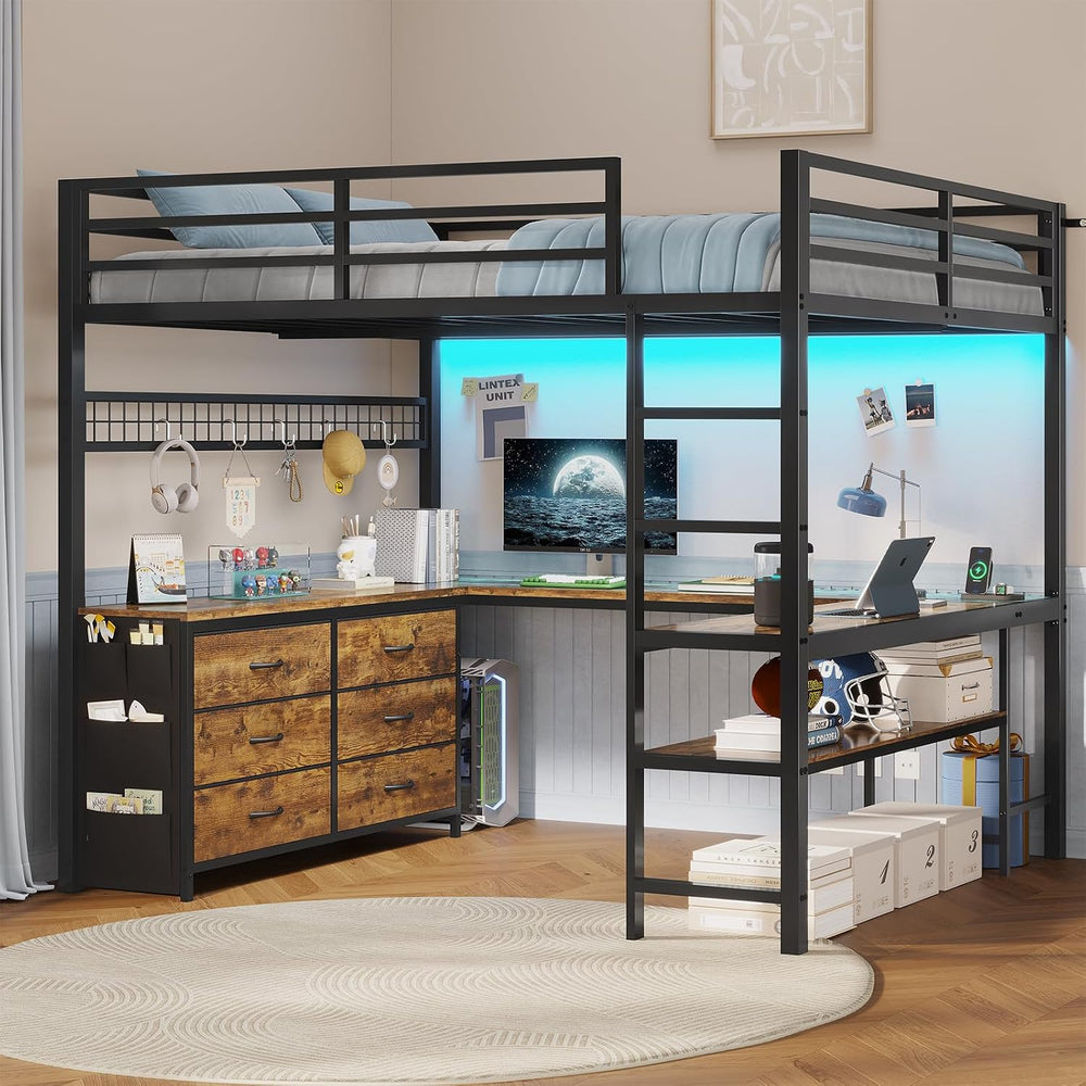 ADORNEVE Loft Bed Full Size with U-Shaped Desk, 6 Drawers, Rustic Brown