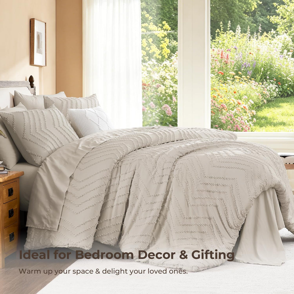 Litanika King Comforter Set with Sheets Oatmeal, 7 Pieces Boho Bed in a Bag