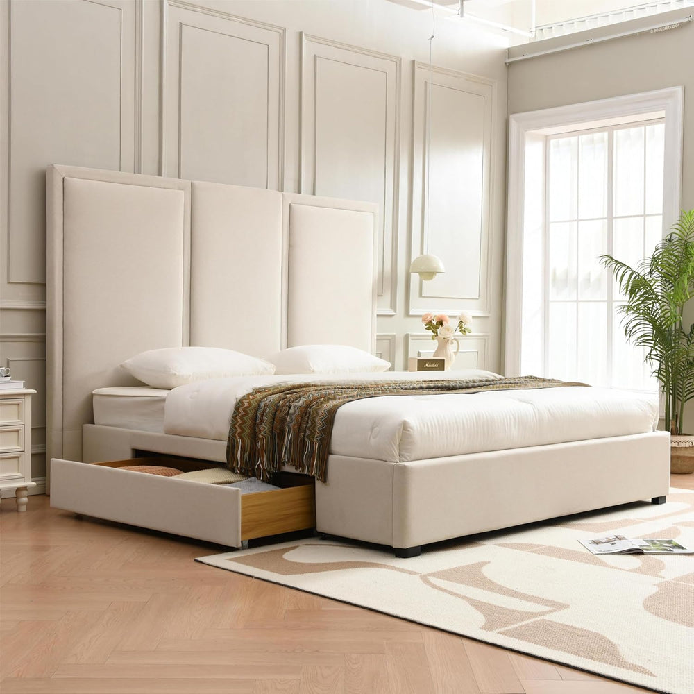 YUHUASHI King Storage Drawers Bed with 64" Upholstered Headboard,Beige