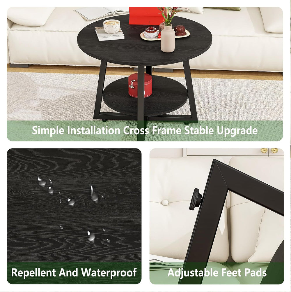 Round Coffee Table with Storage,Metal Small Coffee Table,Black