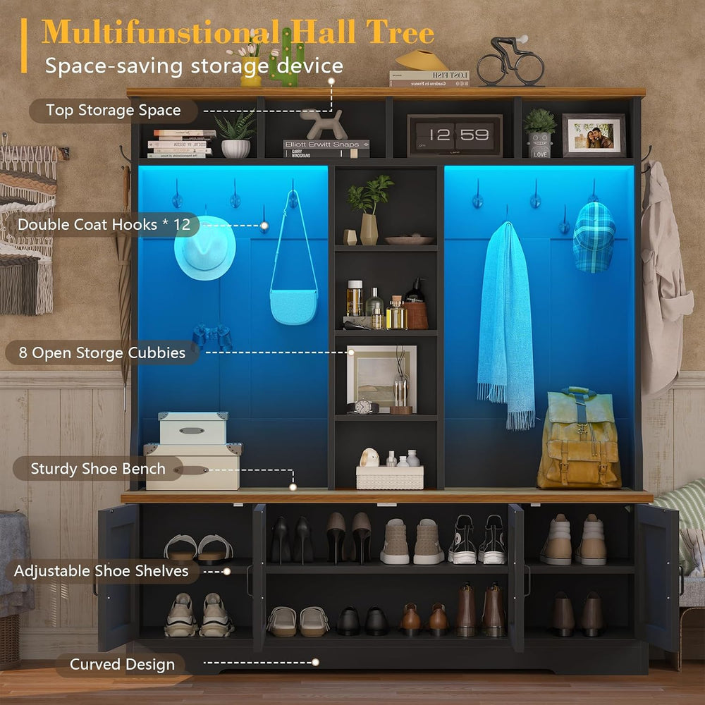 Black Hall Tree with Bench and Shoe Storage, Entryway Bench with Coat Racks
