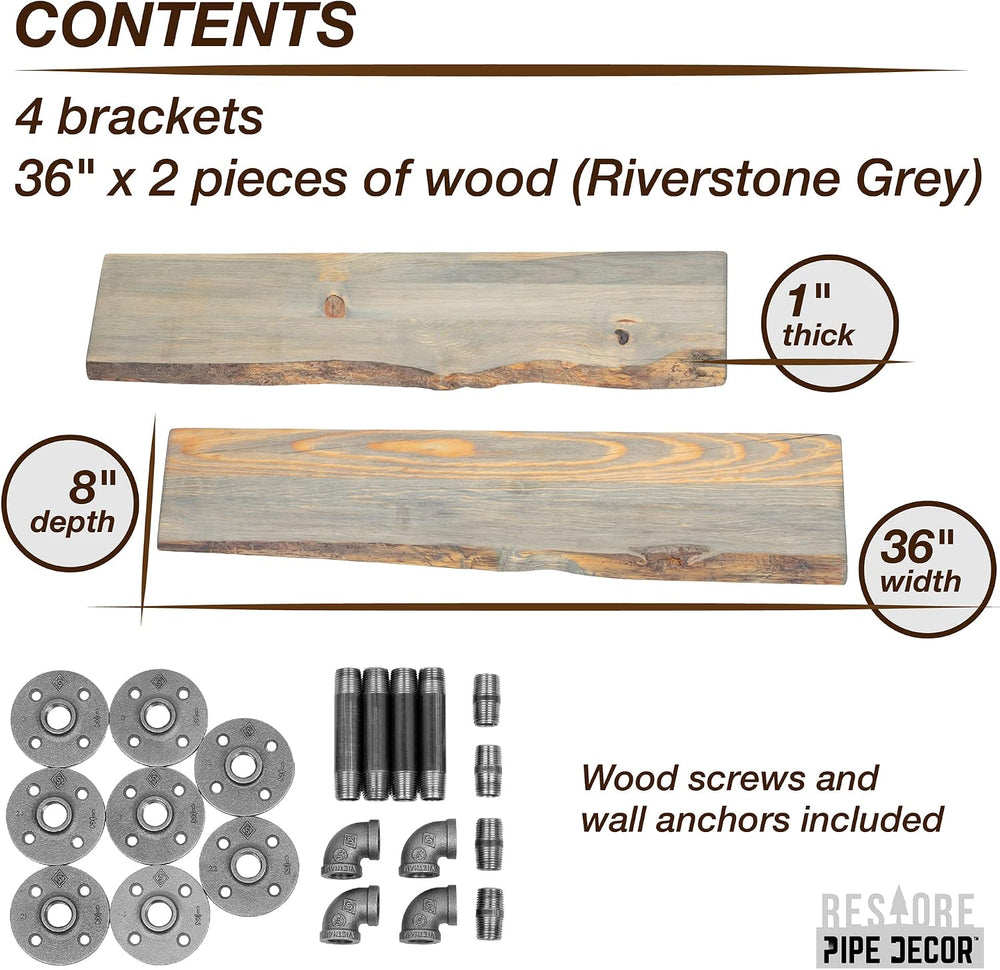 PIPE DECOR 36” Riverstone Grey Live Edge Wood Shelf with Industrial L-Shaped ...