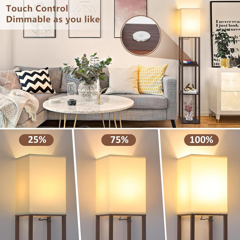 FOLKSMATE Floor Lamp with Shelves Touch Control Charging USB Type C Brown