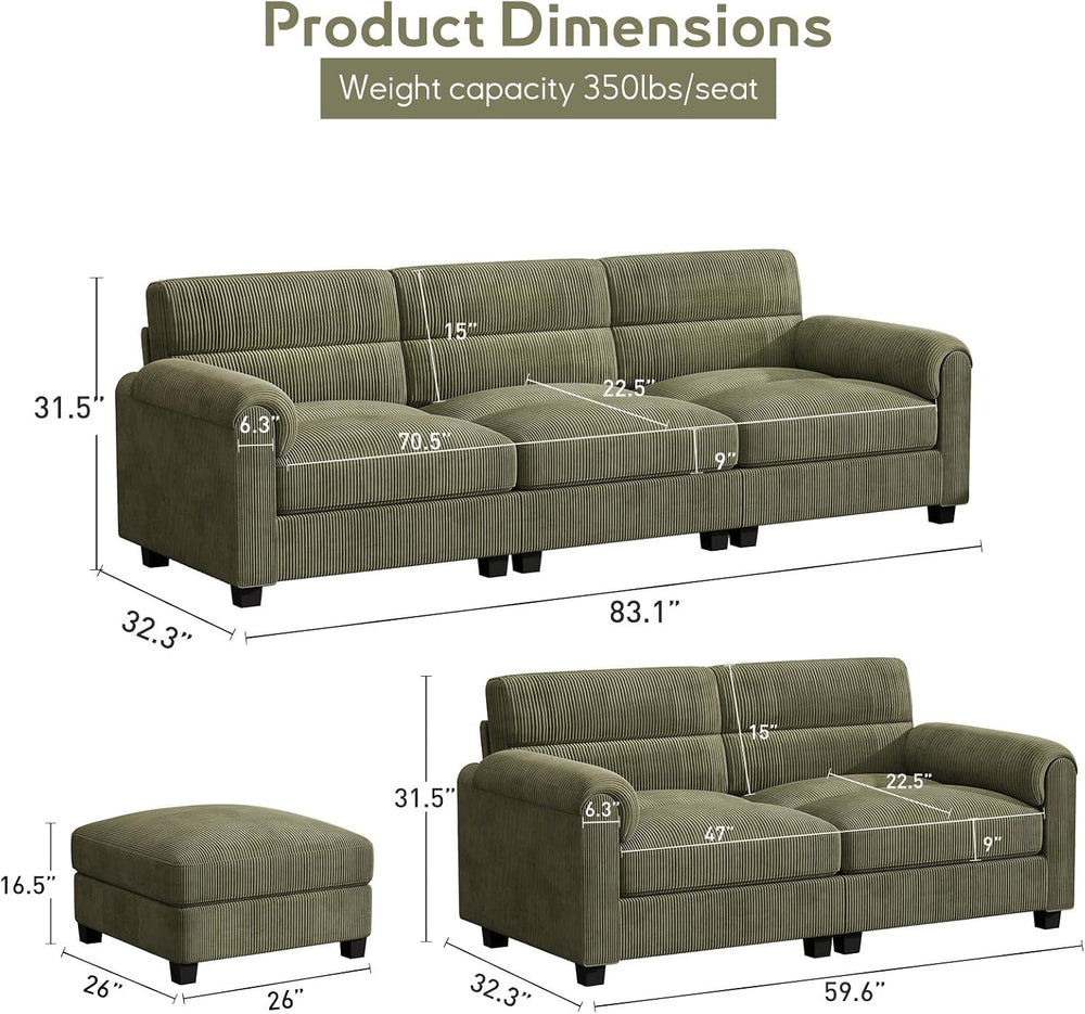 Bonzy Home Couch Sets for Living Room, Corduroy, Green