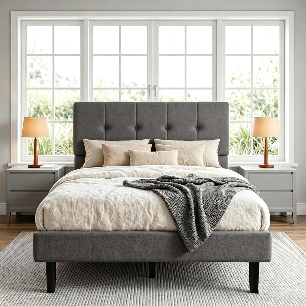 Twin Bed Frame, Completed Linen Upholstered Headboard, Dark Gray