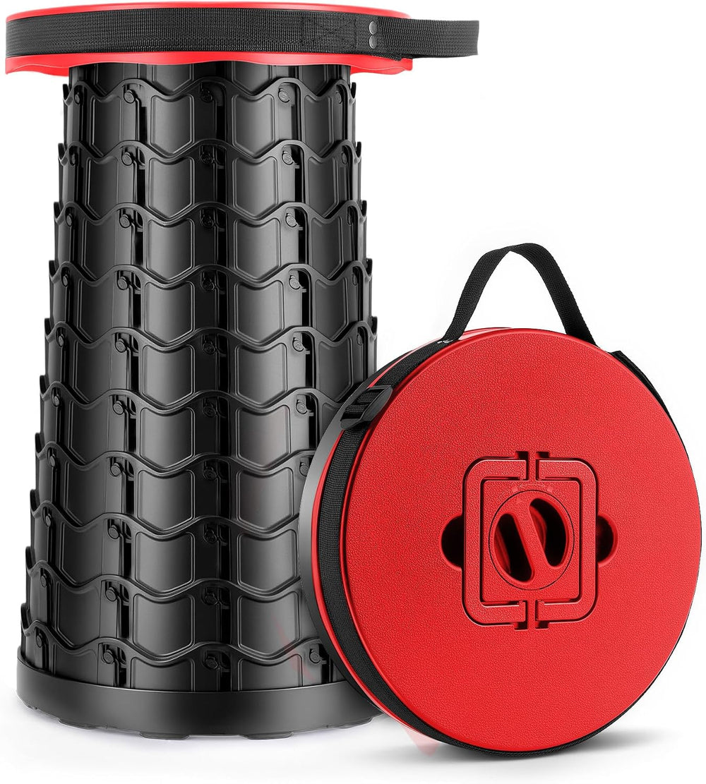 Height Adjustable Camping Stool - Wide Seat Portable Folding Chair (RED)