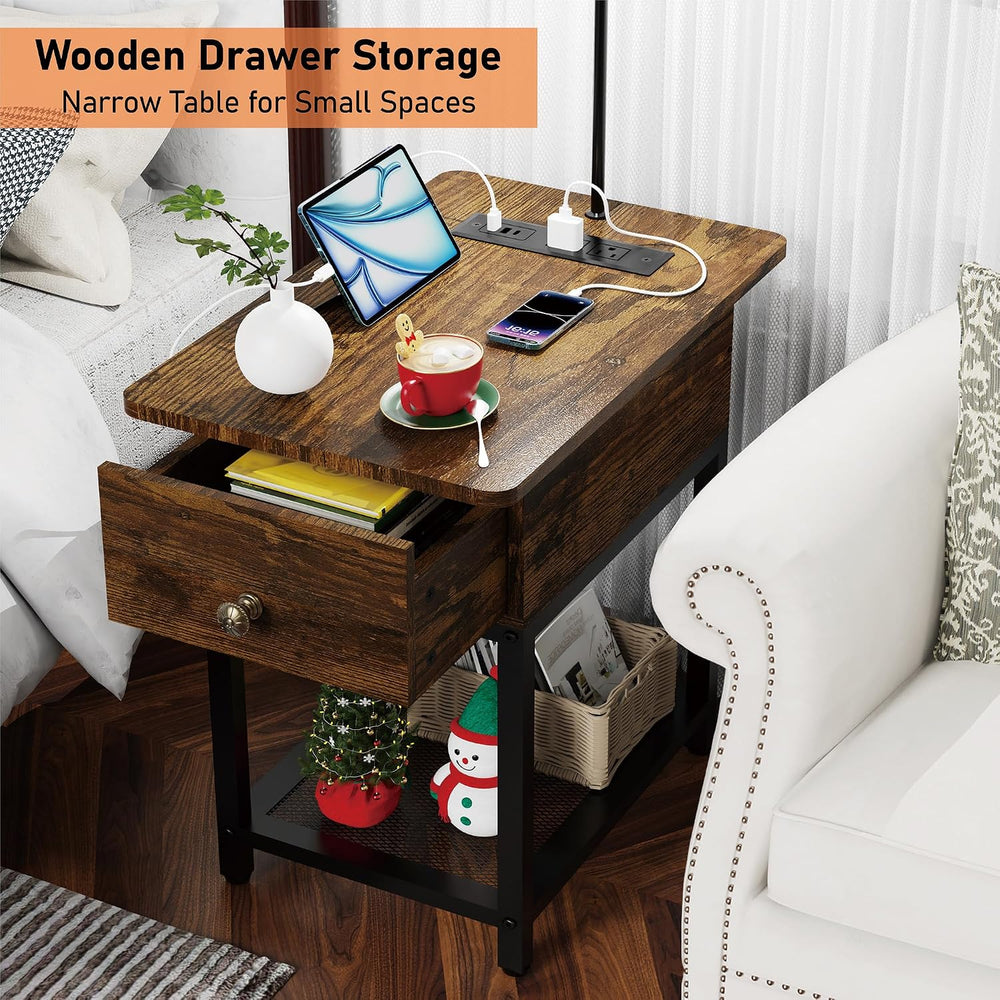 runjuly Floor Lamp with Table, Narrow Side Table with Charging Station