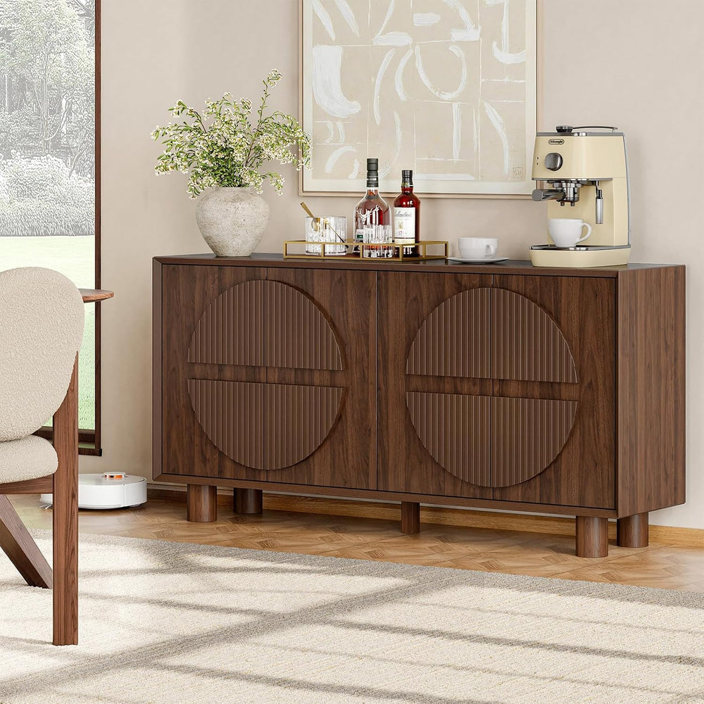 ONBRILL 63 Inch Fluted Buffet Cabinet w/Storage, Push-Spring Doors, Walnut