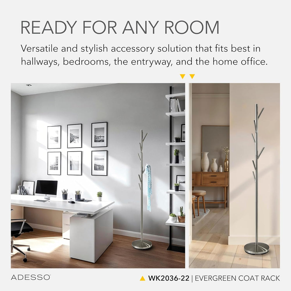 Adesso Coat Rack, Brushed Steel, 6 Hooks, Space-Saving, 67"