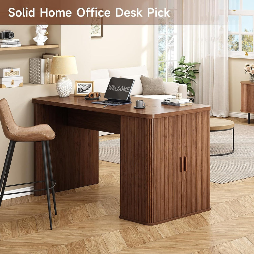 ONBRILL 61 Inch Fluted Kitchen Island with Storage Walnut