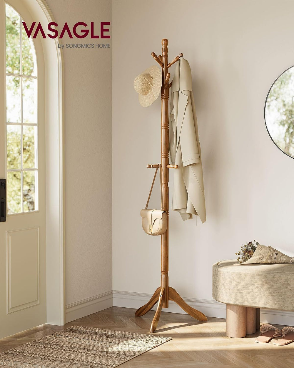 VASAGLE Freestanding Coat Rack, Rubber Wood Coat Tree with 9 Hooks