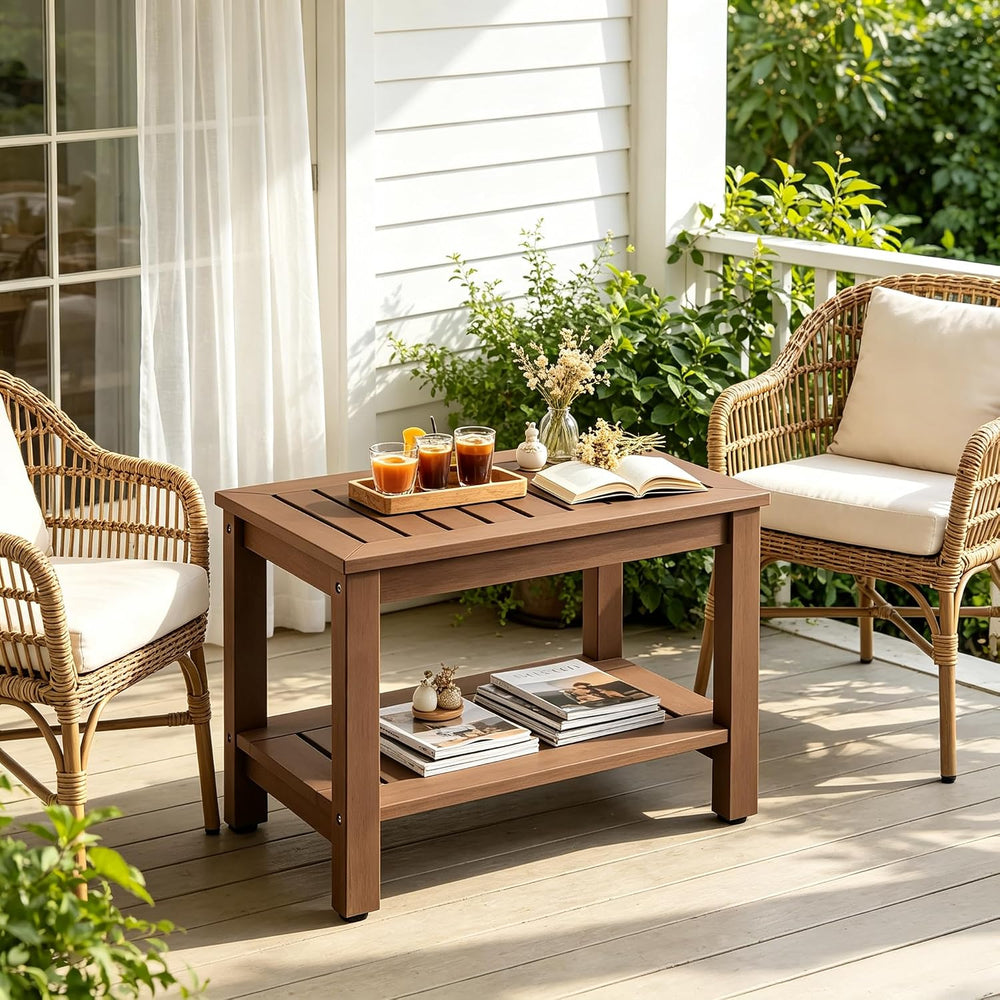 Psilvam 28" Poly Lumber Outdoor Patio Coffee Table with Storage Shelf,Brown