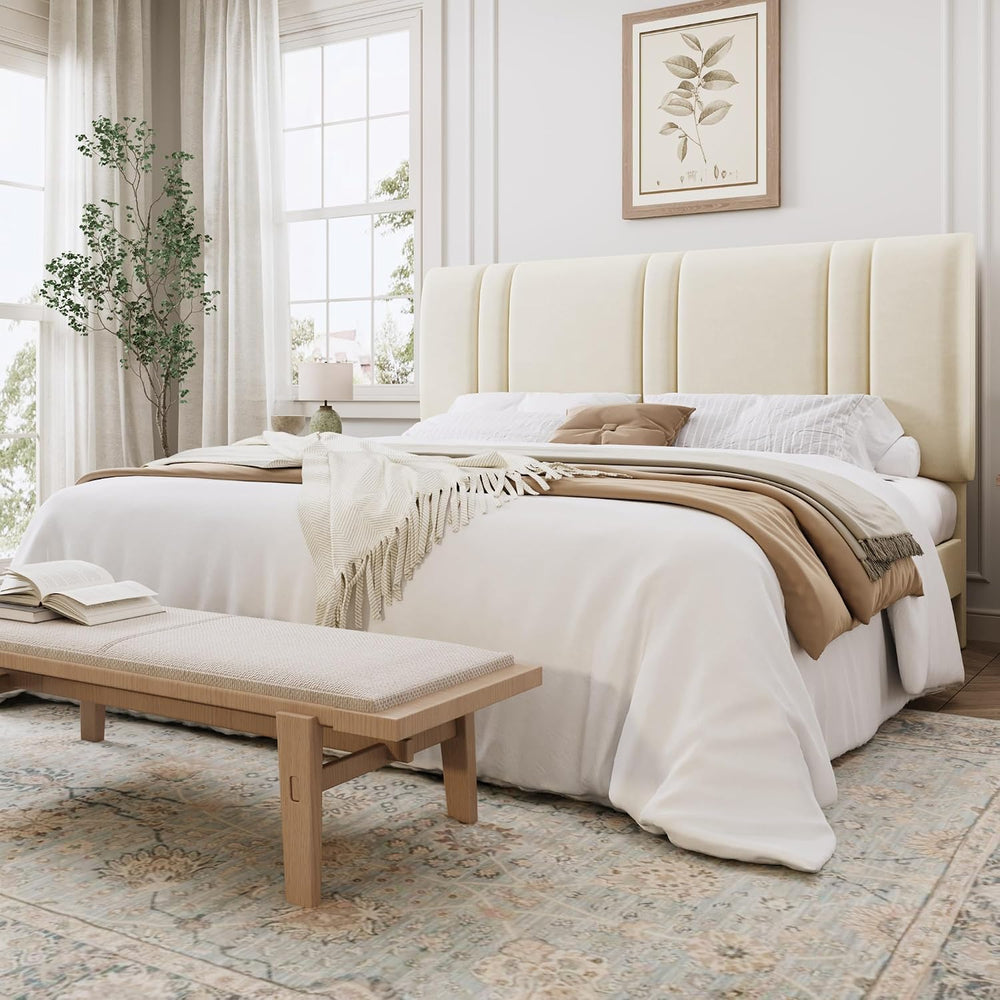SHA CERLIN King Size Velvet Bed Frame with Adjustable Headboard, Cream