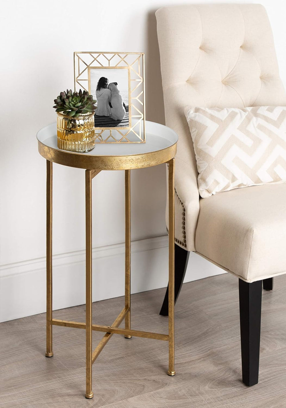 Kate and Laurel Celia Round Metal Foldable Tray Accent Table, White with Gold...