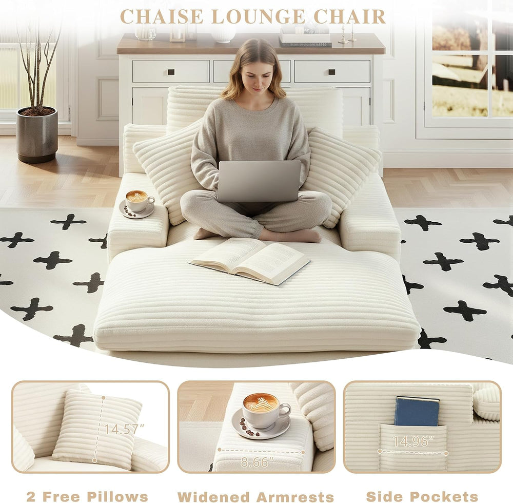 Chaise Lounge Chair Indoor, 63" Boneless Lounge Chair with Plush Corduro...