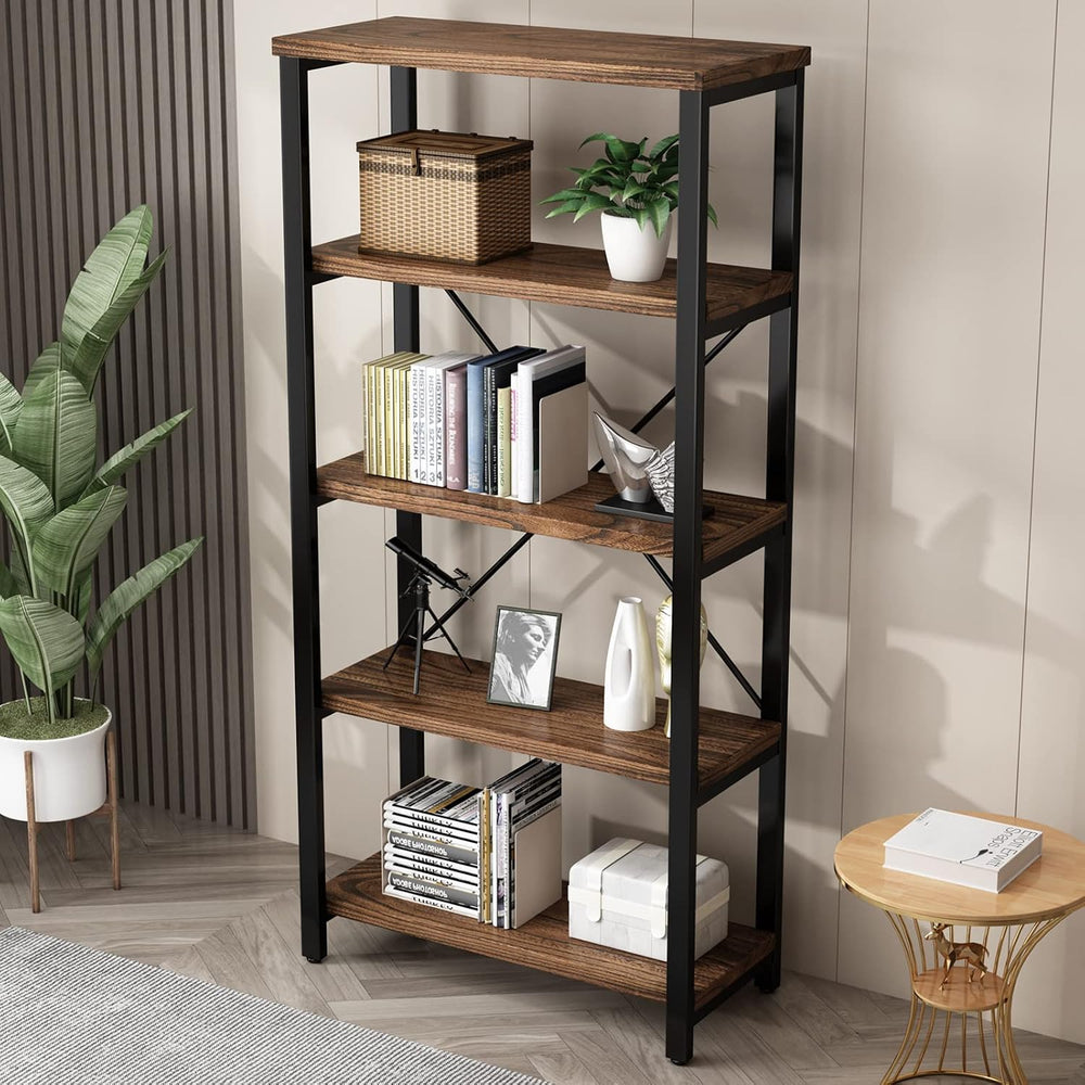 AY-AOYUAN 5-Tier Real Solid Wood Bookshelf, Industrial Metal Etagere