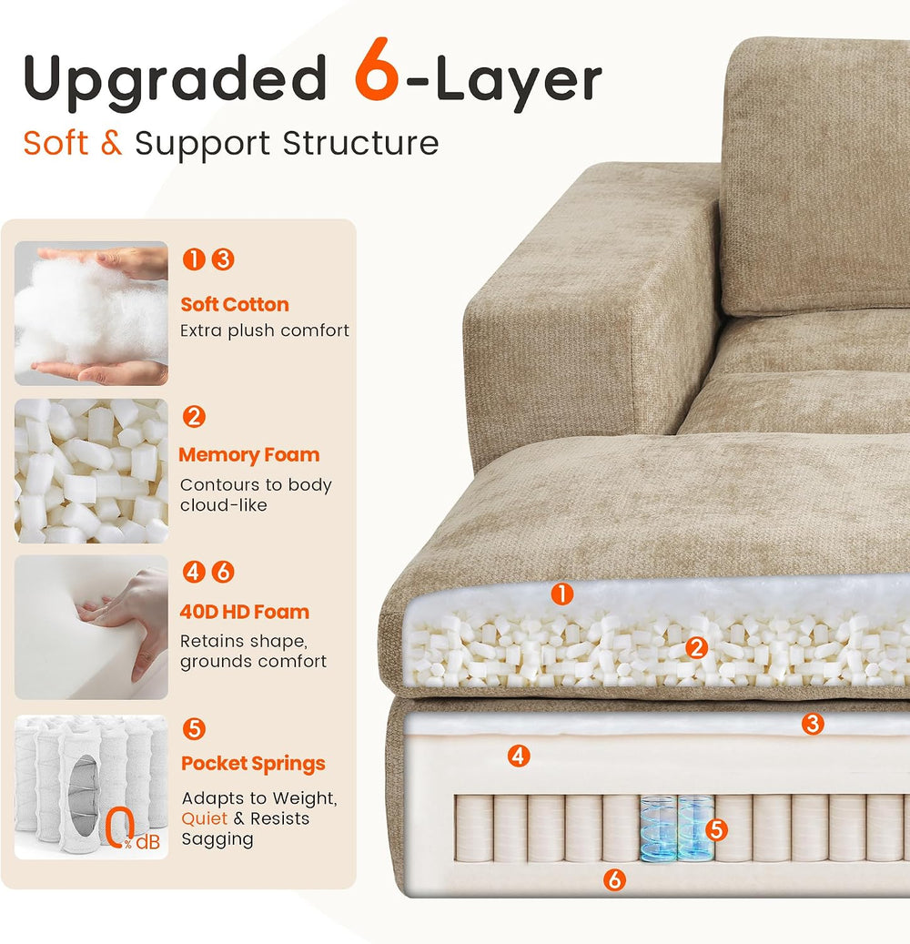 81" Oversized Double Chaise Lounge, Cloud Boneless Sofa Bed, Khaki