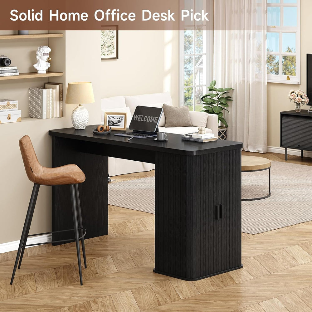ONBRILL 59 Inch Fluted Kitchen Island with Storage Black
