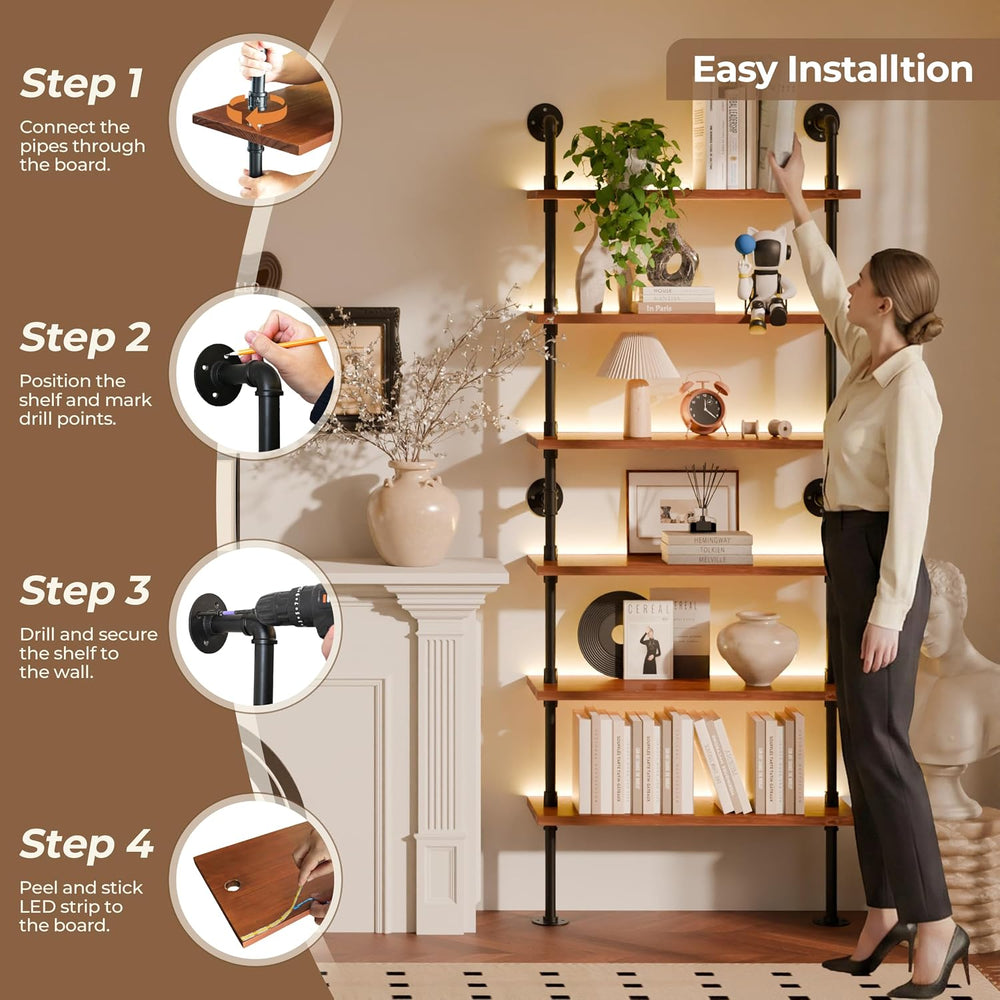6-Tier LED Ladder Shelf, Wall Mounted Pipe Bookshelf, Walnut Brown 36 Inch