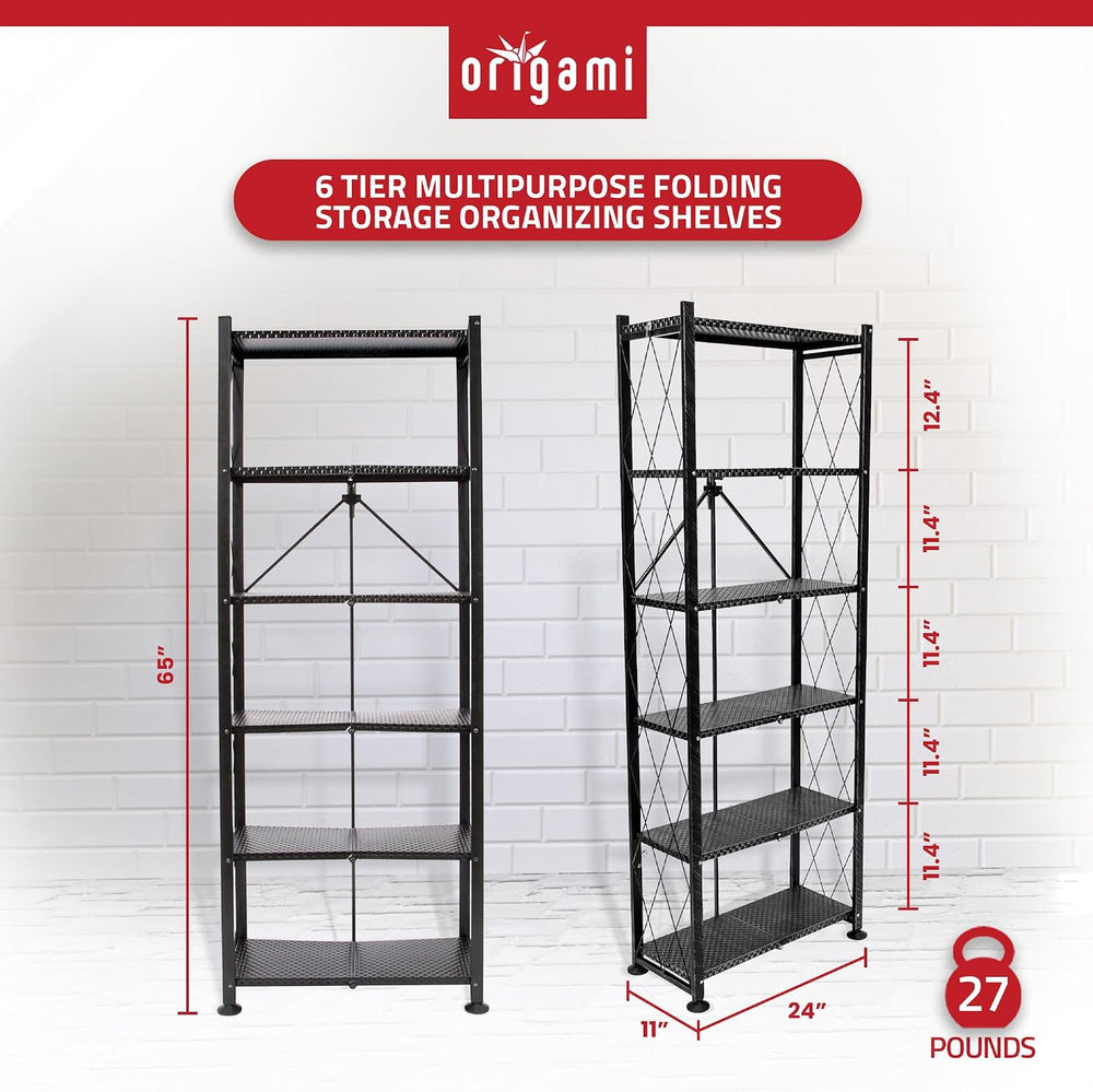 Origami 6-Tier Foldable Heavy-Duty Rolling Storage Shelf Rack Unit, Black