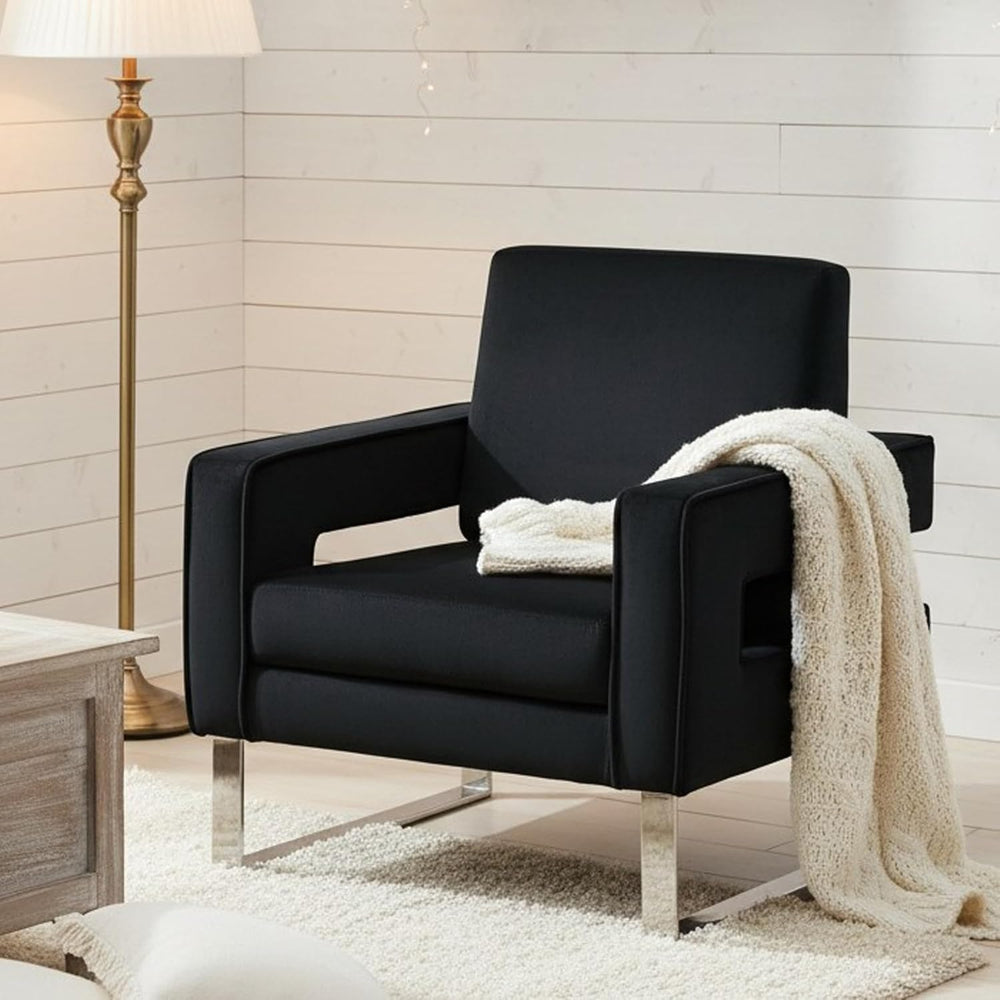 Velvet Accent Chair, Modern Armchair with Silver Base, Black