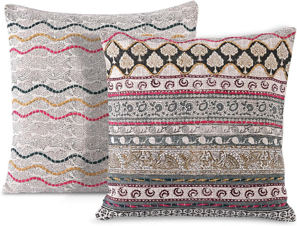 Ridhi Grey Hand Block Print Throw Pillow Cover 18x18 Inch Set of 2