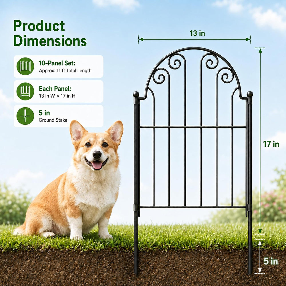 Garden Fence 10 Panels, 17 in H Above Ground, No Dig Metal Fence